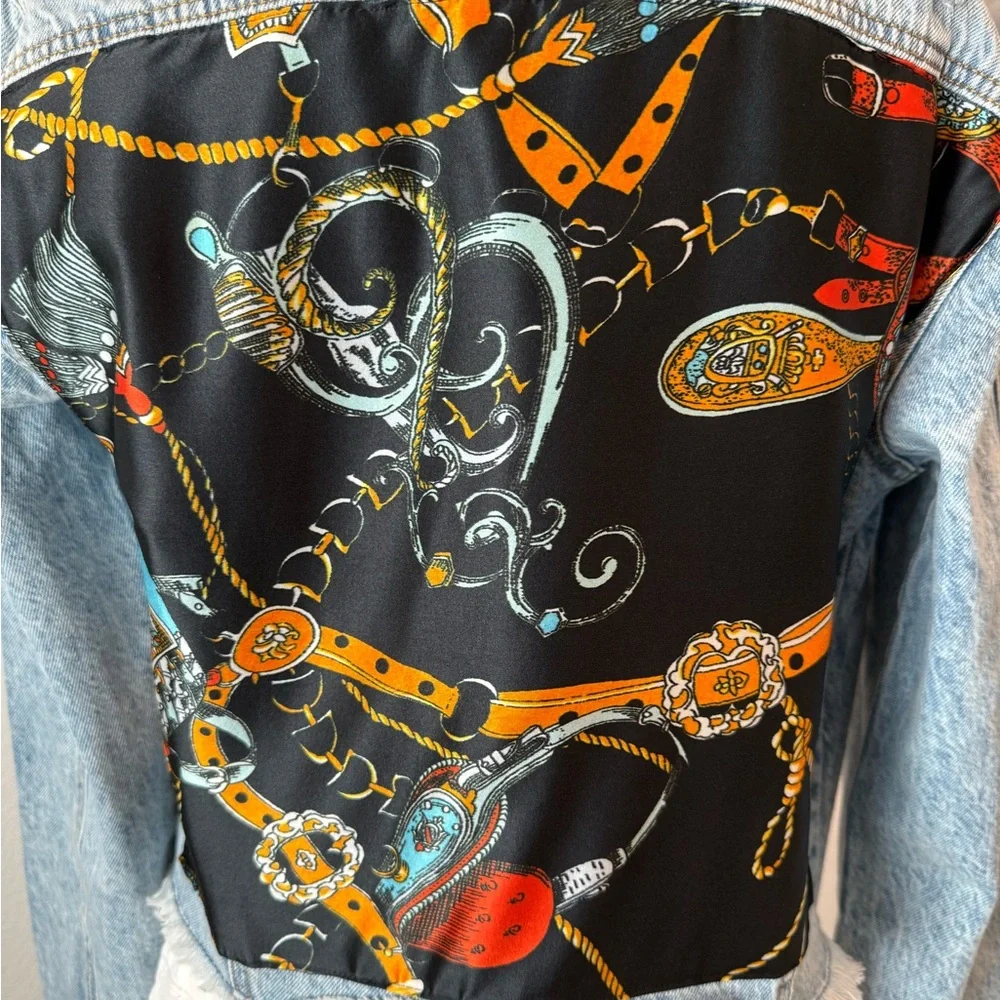 Denim Jacket with Black Printed Satin Back Panel - Picture 3 of 10